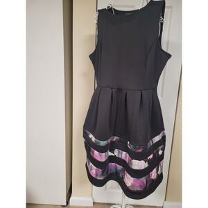 Apt. 9 Black Scuba Fit & Flare Dress Sleeveless Botanical Pockets Size XL